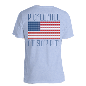 Eat. Sleep. Play. American Flag Tee - Heather Blue